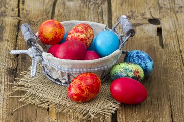 Happy Easter, colorful eggs in a basket
