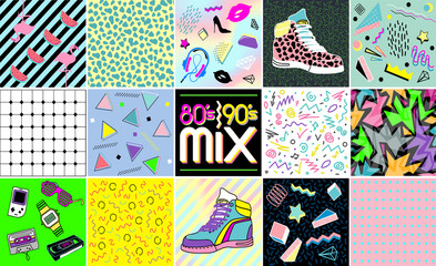 80's and 90's Fashion. Summer time colorful Banner or Poster. Geometric texture Background. Design Template for Sticker, Label in Fashion.