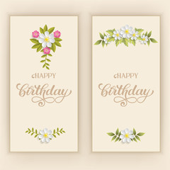 Elegant vector Happy Birthday card. Vector invitation card with background and frame with flower elements and beautiful typography. Sunny spring backdrop. Artistic lettering.