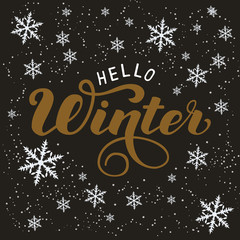 Hand drawn typography lettering phrase Hello Winter isolated on the dark background with snowflakes. Brush ink calligraphy inscription for winter greeting invitation card, print etc