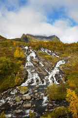 Lofoten waterfall on Moskenesoya, Lofoten, Norway