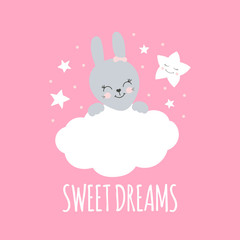 Cute baby pattern with little bunny. Cartoon animal girl print vector with funny rabbit and princess star. Adorable pink background for kids clothing, t-shirt, bodysuits, pajamas party invitation.