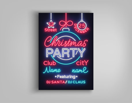 Christmas party vector template brochure. Christmas card design is designed in a neon style. Neon banner, bright luminous advertising for your Christmas projects