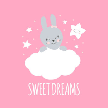 Cute baby pattern with little bunny. Cartoon animal girl print vector with funny rabbit and princess star. Adorable pink background for kids clothing, t-shirt, bodysuits, pajamas party invitation.