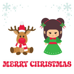 cartoon christmas deer and christmas elf with text