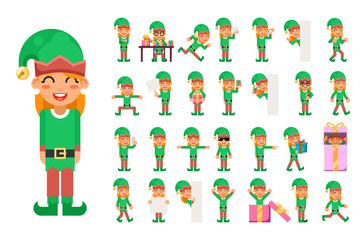 Fototapeta premium Elf Girl Christmas Santa Claus Helper in Different Poses and Actions Teen Characters Icons Set New Year Gift Holiday Flat Design Vector Illustration
