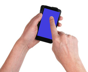 The old man grandfather holds the phone in his hand and presses his finger on the touchscreen.