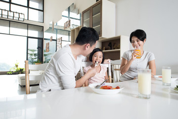 Young Asian family eating together at home.