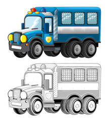 Fototapeta premium cartoon happy and funny police truck - isolated / smiling vehicle with coloring page illustration for children