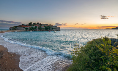 Wonderful Sunset at Saint Stephen (Sveti Stefan), Adriatic Sea, Balkan Peninsula, Montenegro, Europe