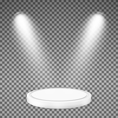 Round podium illuminated by spotlights. Graphic concept for your design