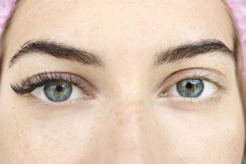 Obraz premium Młoda kobieta z przedłużaniem rzęs, zbliżenie