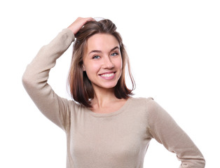 Fototapeta premium Beautiful smiling woman on white background