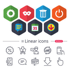 Anonymous mask and gear signs. Recycle bin icon.