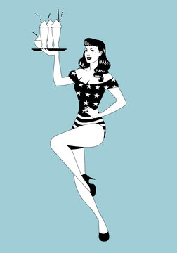 Pinup girl carrying a tray with smoothies, ice cream or frozen yogurt. Wearing symbolic clothing of the American flag