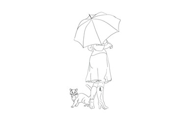 The girl and cat have hidden from a rain under a umbrella.