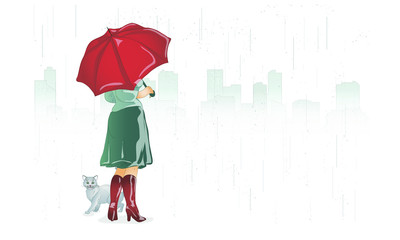 The girl and cat have hidden from a rain under a umbrella.