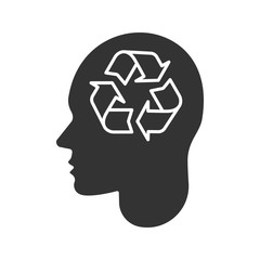 Human head with recycling sign inside glyph icon