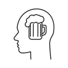 Human head with beer mug inside linear icon