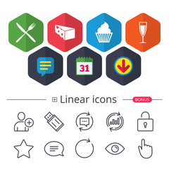 Food icons. Muffin cupcake symbol. Fork, knife.