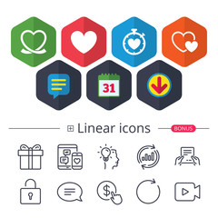 Heart ribbon icon. Timer stopwatch symbol.
