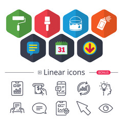 Painting roller, brush icon. Spray and Paint can.