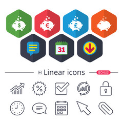 Piggy bank icons. Dollar, Euro, Pound moneybox.