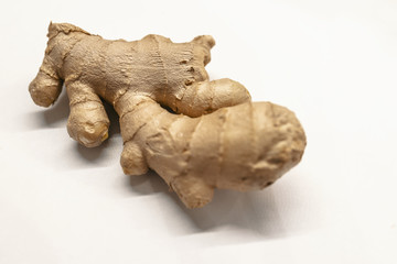 Fresh ginger on white background, herb medical concept