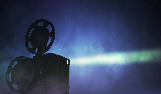 Silhouette of retro film projector on dark background. 3D rendered illustration.