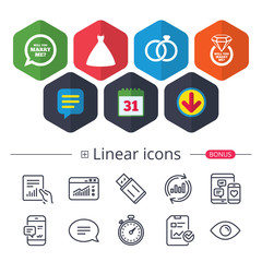 Wedding dress icon. Bride and groom rings symbol.