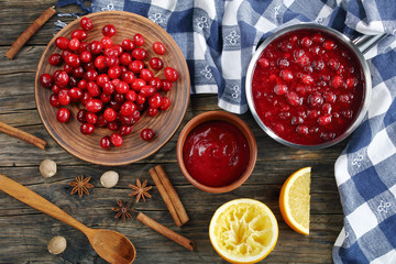 cranberry sauce  in a saucepan and in a bowl
