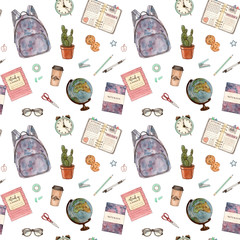 back to school. hand painted watercolor accessories and stationery. seamless pattern - 183327951