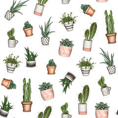 watercolor hand painting home plants. seamless pattern with white background