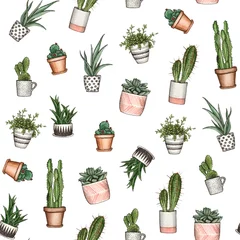 Foto op Plexiglas Cactus in pot watercolor hand painting home plants. seamless pattern with white background