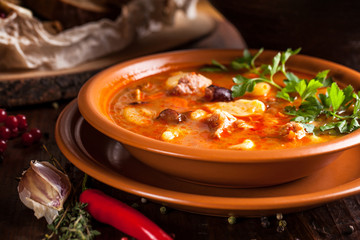 Traditional Russian and Ukrainian cuisine, lunch, first course, red soup in a clay dish on a wooden table