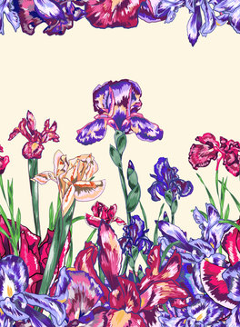 Purple Iris Vector Blossom Seamless Pattern