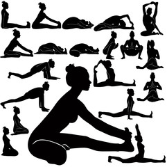 Vector silhouettes of girl practicing yoga exercises.