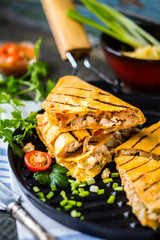 Mexican food quesadilla with grilled chicken, salsa and cheese, with greens and vegetables