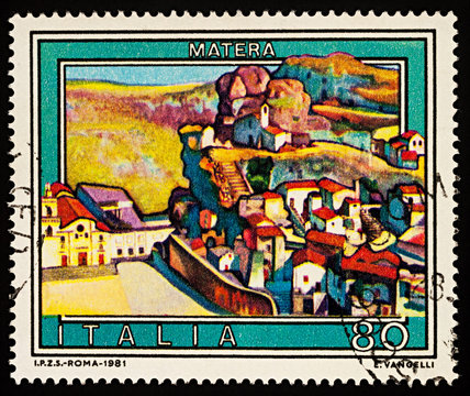 Old Italian city Matera on postage stamp