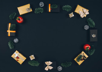 Fototapeta na wymiar Christmas new year black stylish background and frame with gifts.
