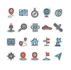 Location and Navigation Signs Color Thin Line Icon Set. Vector