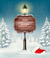 Christmas evening winter landscape with lamppost. Vector