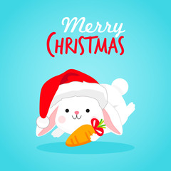 Fototapeta na wymiar Merry Christmas Card Vector illustration, Rabbit wearing a Santa hat and holding carrot gift.