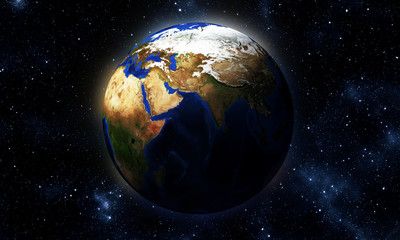Planet earth. High detailed satellite view of the Earth and its landforms, isolated on black background. 3D illustration, elements of this image furnished by NASA.