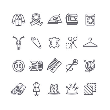 Sewing and Needlework Tool Black Thin Line Icon Set. Vector
