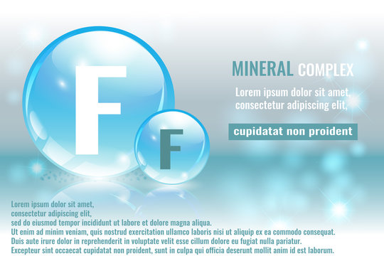 Mineral F, Fluorumerum complex with chemical element symbol. Pharmaceutic, medical background with space for text.