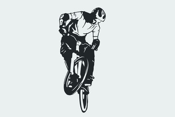 Cycling pose in black and white silhouette. Cycling sign. 