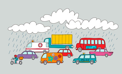 Vector illustration of a traffic jam in a rainy day. Cartoon style