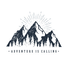 Hand drawn inspirational label with mountains and pine trees textured vector illustrations and "Adventure is calling" lettering. © SlothAstronaut