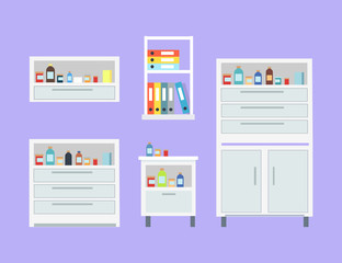 Medicine Set of Drawers Items Vector Illustration
